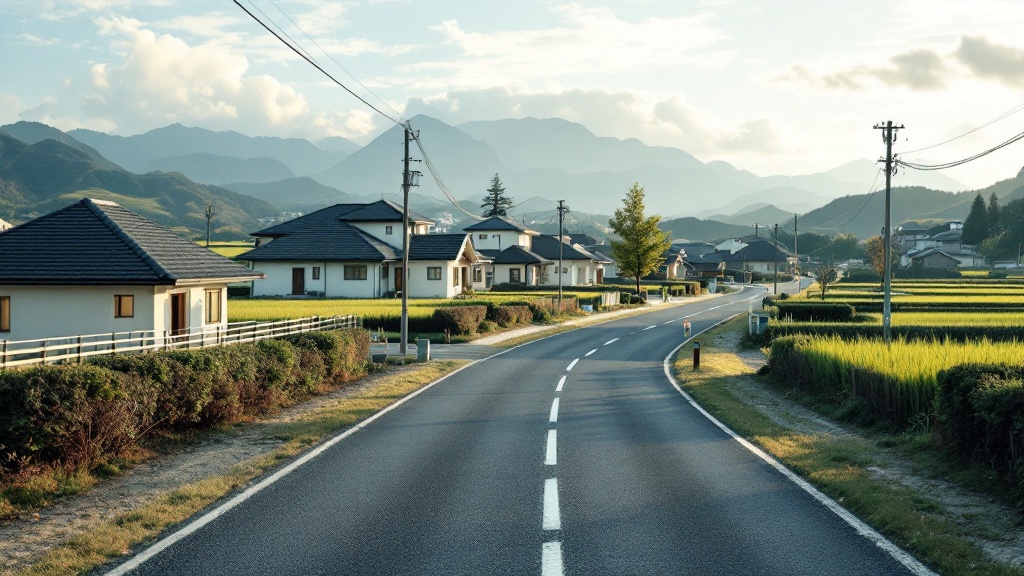 地方の住宅地のイメージ。ゆとりのある敷地に戸建てが並び、背景に田畑と山がある街並み