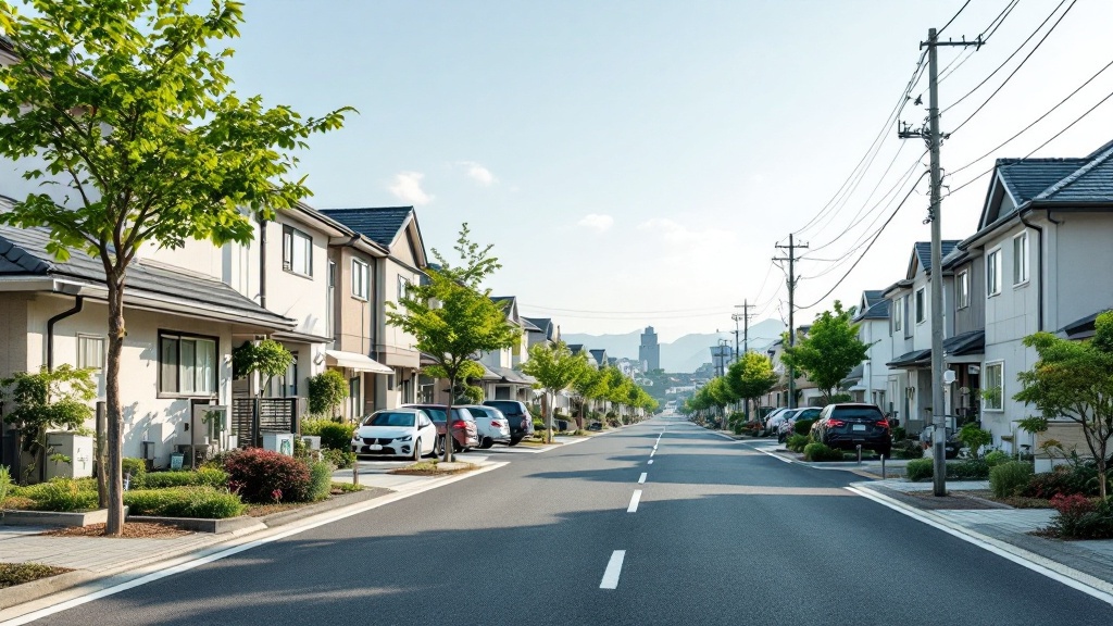 郊外の分譲住宅地のイメージ。同じ規模の2階建て住宅が等間隔に並び、各戸に駐車スペースがある街並み