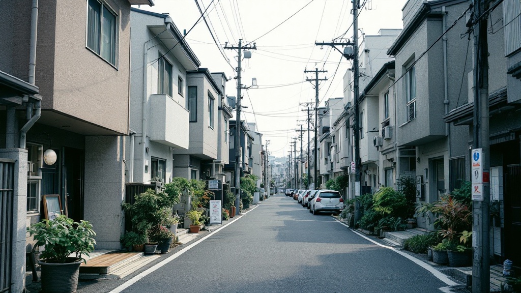 都市部の住宅地のイメージ。狭い道路沿いに3階建ての住宅が密集し、電柱と電線が並ぶ街並み