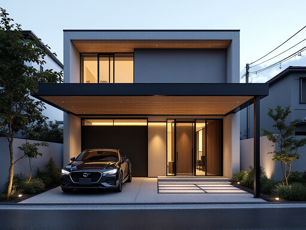 マットブラックのフレームに木調の天井パネルを合わせたカーポートのイメージ。建物の外観と色・素材をそろえた例