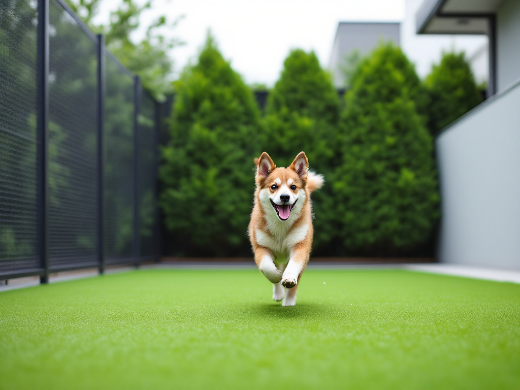 庭のドッグランで人工芝の上を走る犬のイメージ。奥にメッシュフェンスと生垣が見える