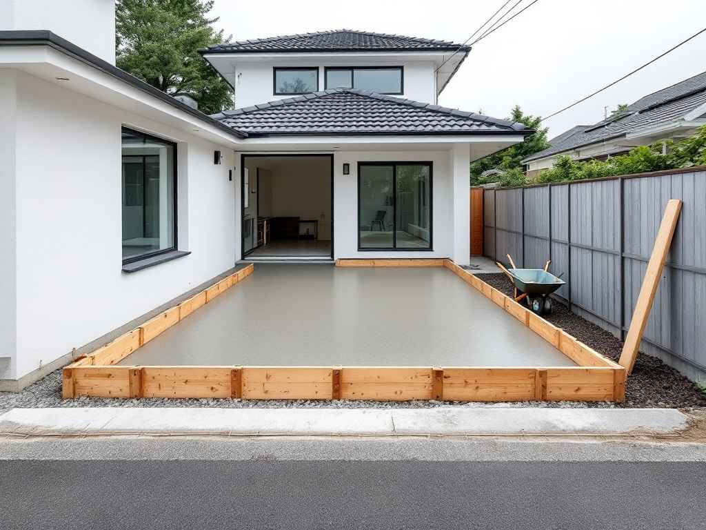 建物が完成した住宅の前で進む外構工事。駐車スペースに木の型枠を組み、打設したばかりの土間コンクリートが養生中で、周囲には砕石が敷かれている