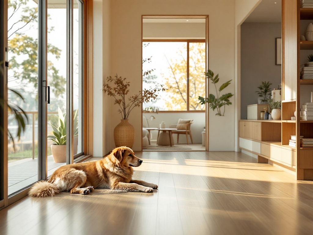犬と暮らすリビングのイメージ。滑りにくい木の床でくつろぐ犬と、玄関土間につながる明るい室内