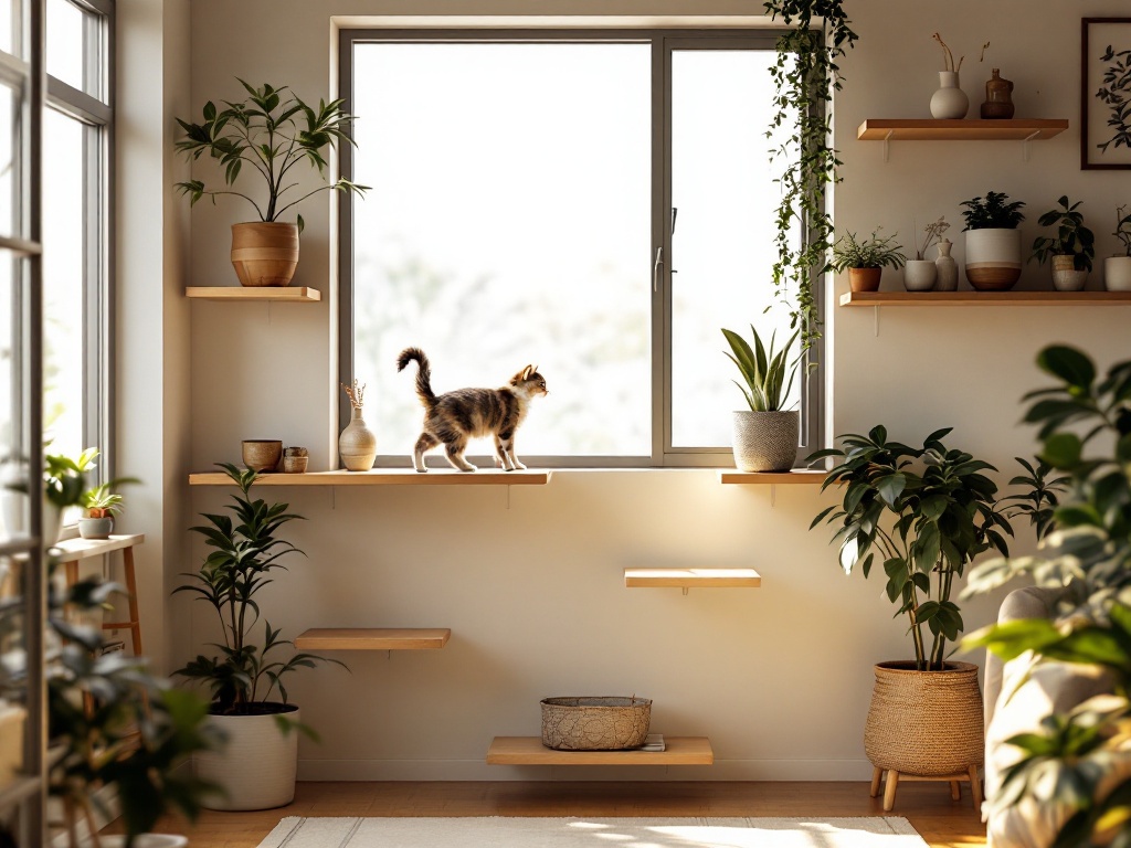 猫と暮らす家のイメージ。壁に取り付けたキャットウォークを歩く猫と、明るい窓辺のある室内