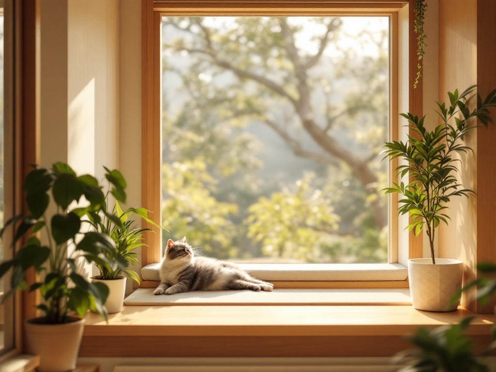 猫と暮らす家のイメージ。日当たりのよい広い窓辺のカウンターでくつろぐ猫と、観葉植物のある明るい室内